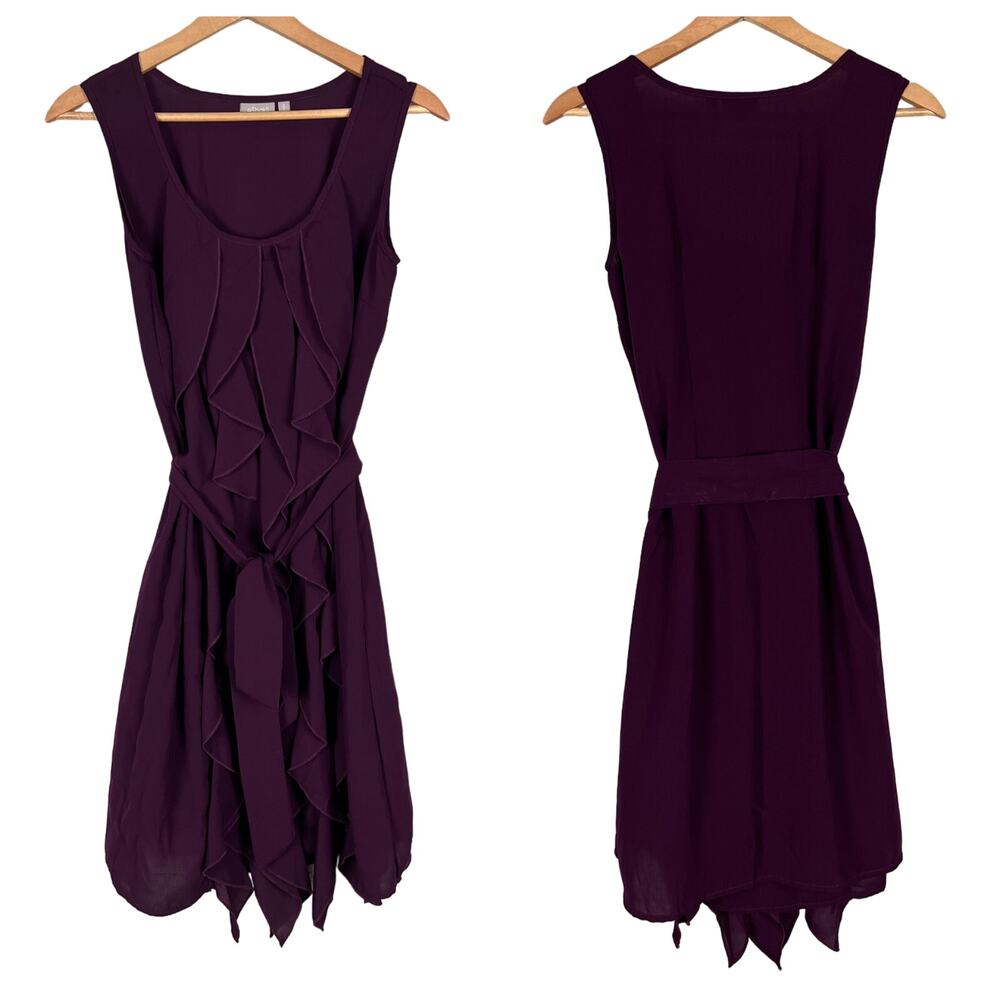 eSHAKTI Women's S Purple Sleeveless Ruffle‎ Front Belted Tank Knee Length Dress